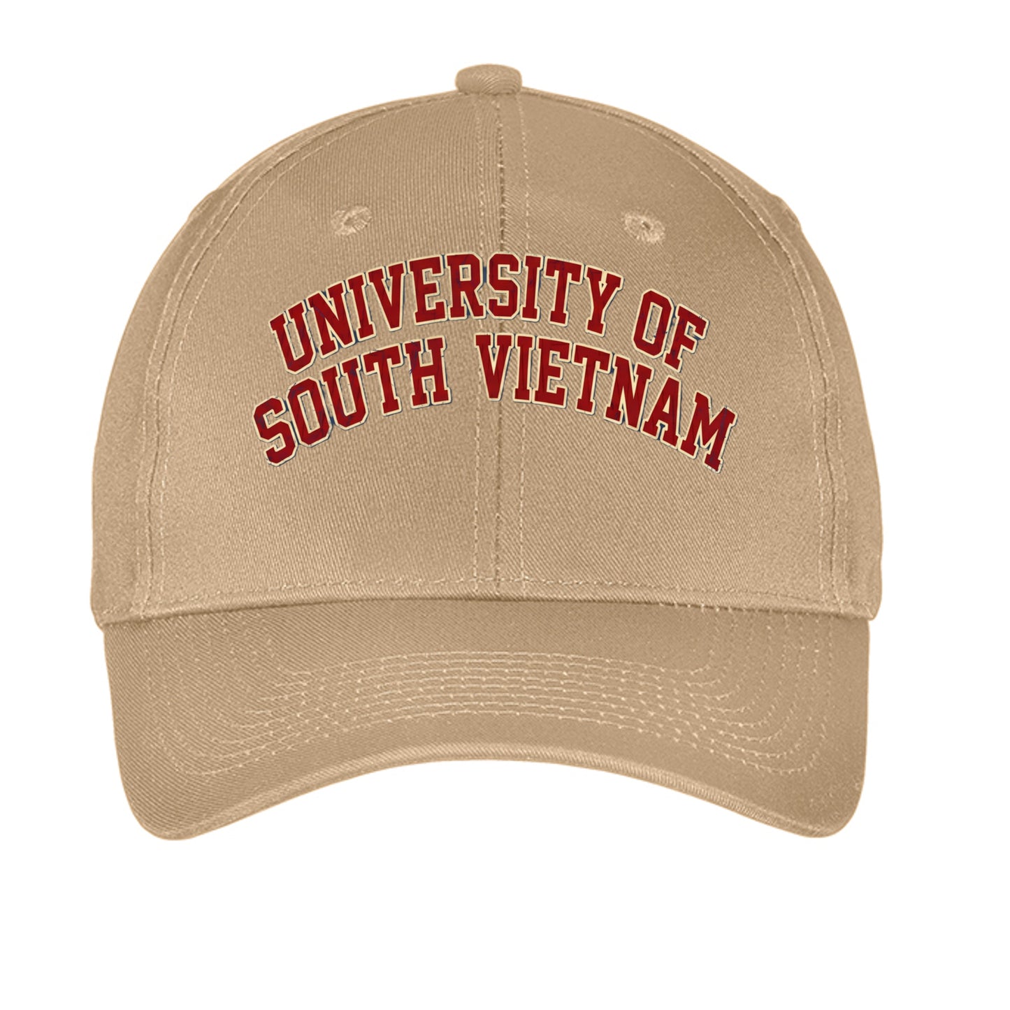 Khaki hat with 'University of South Vietnam' embroidered in red and yellow - front view
