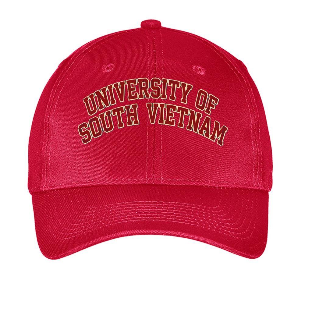 Red hat with 'University of South Vietnam' embroidered in red and yellow - front view