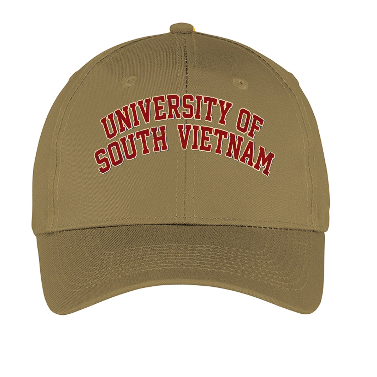 Coyote Brown hat with 'University of South Vietnam' embroidered in red and yellow - front view