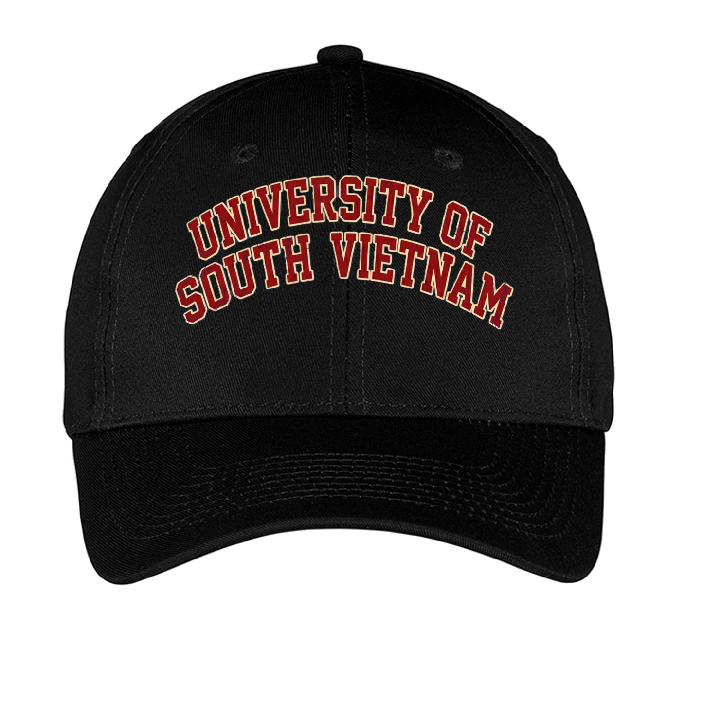 Black hat with 'University of South Vietnam' embroidered in red and yellow - front view