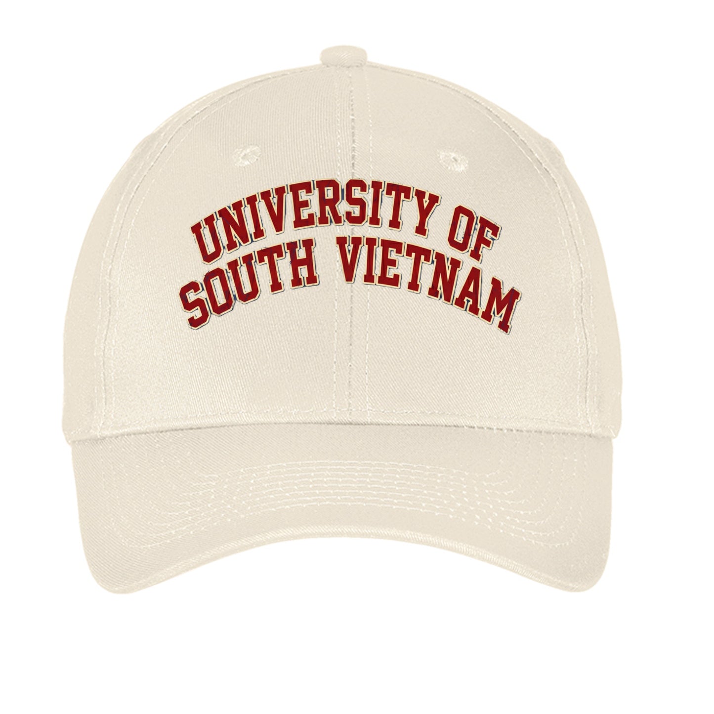 Oyster (off-white) hat with 'University of South Vietnam' embroidered in red and yellow - front view